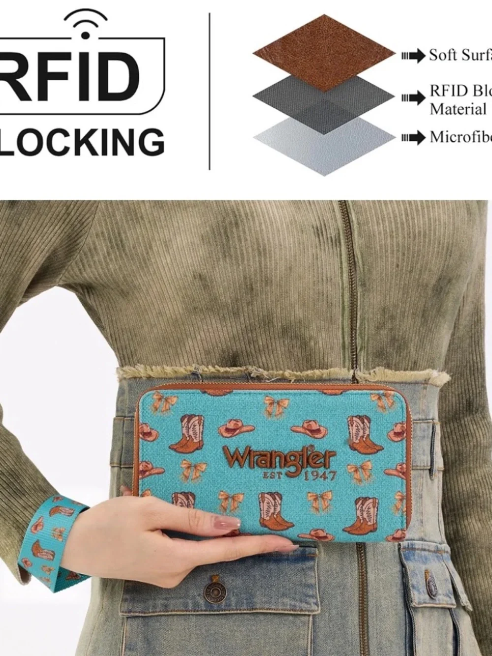 Wrangler Western Print RFID Blocking Zippered Wallet Turquoise